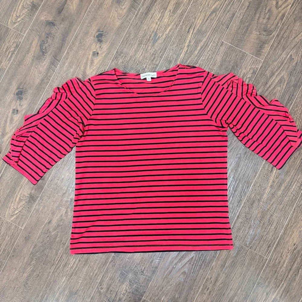 SOUTHERN LADY RED BLACK STRIPES RUFFLE SLEEVE TOP - Picture 1 of 6